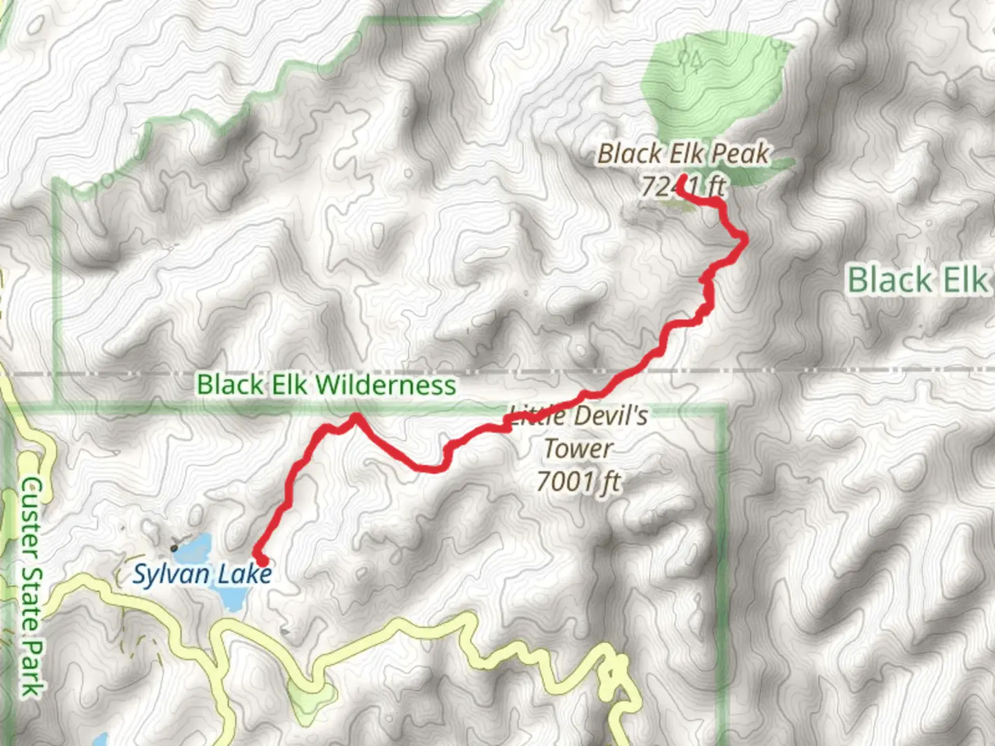 An image depicting the trail Black Elk Peak from Sylvan Lake and its surrounding area.