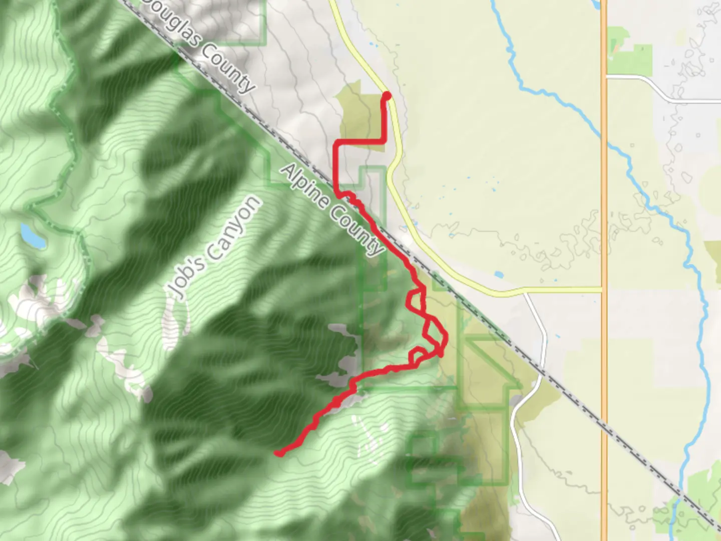 An image depicting the trail Sandy Trail, Lonesome Trail via Jobs Peak Ranch Trail and its surrounding area.