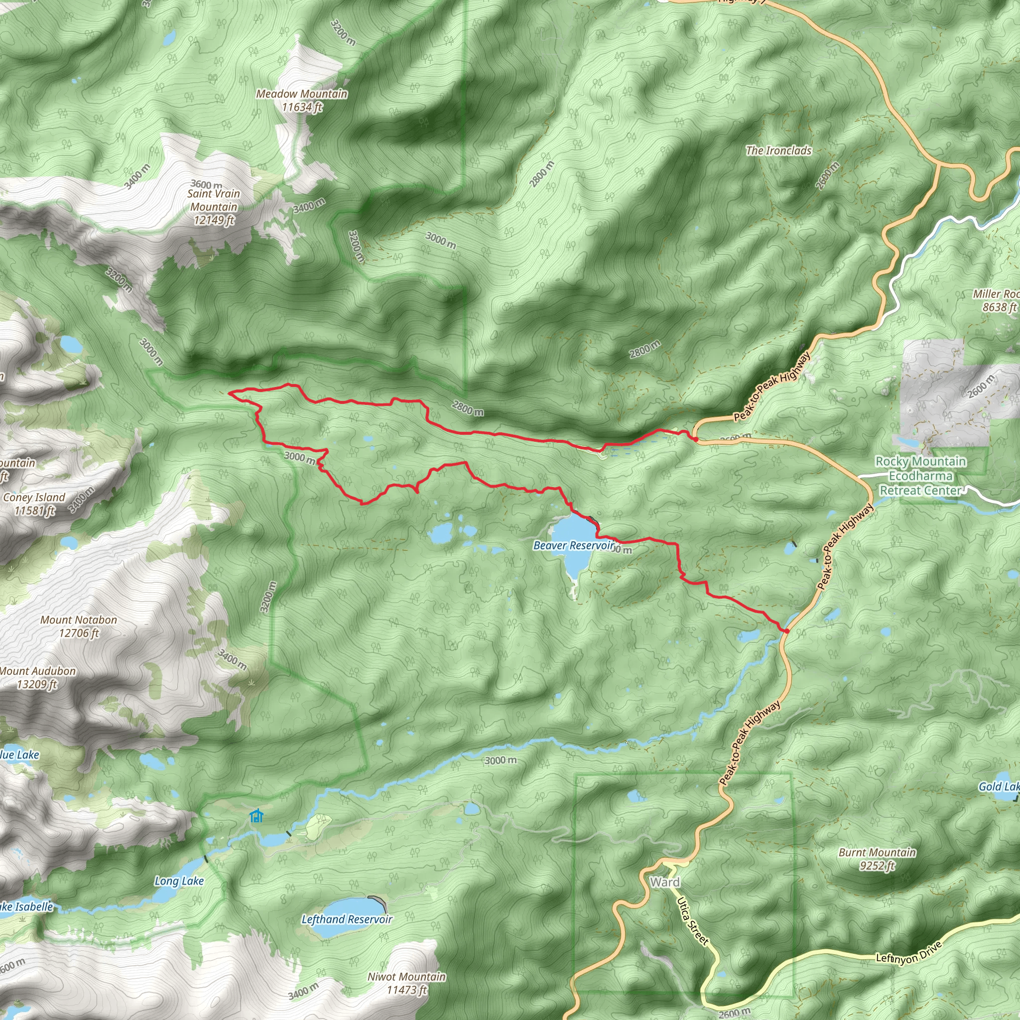 Middle St Vrain Creek, Coney Creek Road and Beaver Reservoir mobile static map