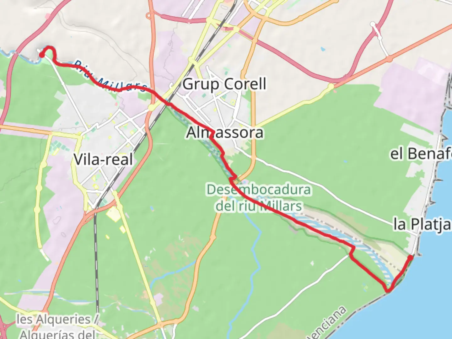 An image depicting the trail Paths of the Mouth of the River Millars PR CV 438 and its surrounding area.