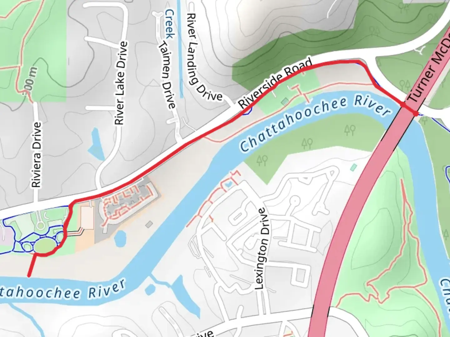 An image depicting the trail Roswell Riverwalk Trail and its surrounding area.