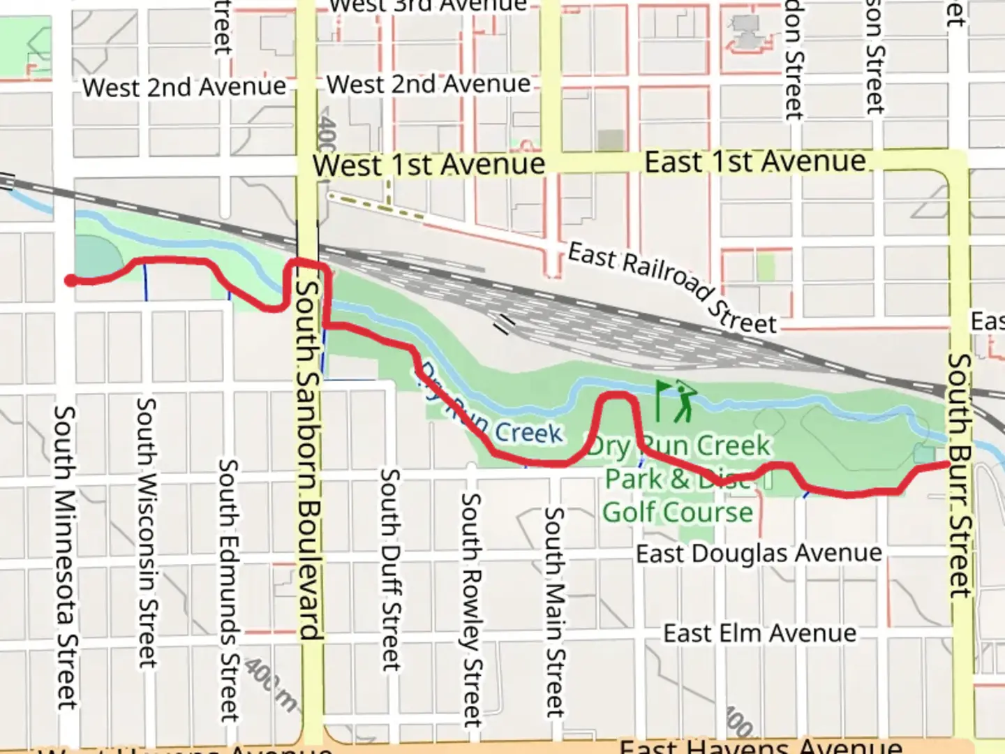 An image depicting the trail Dry Run Creek Path and its surrounding area.