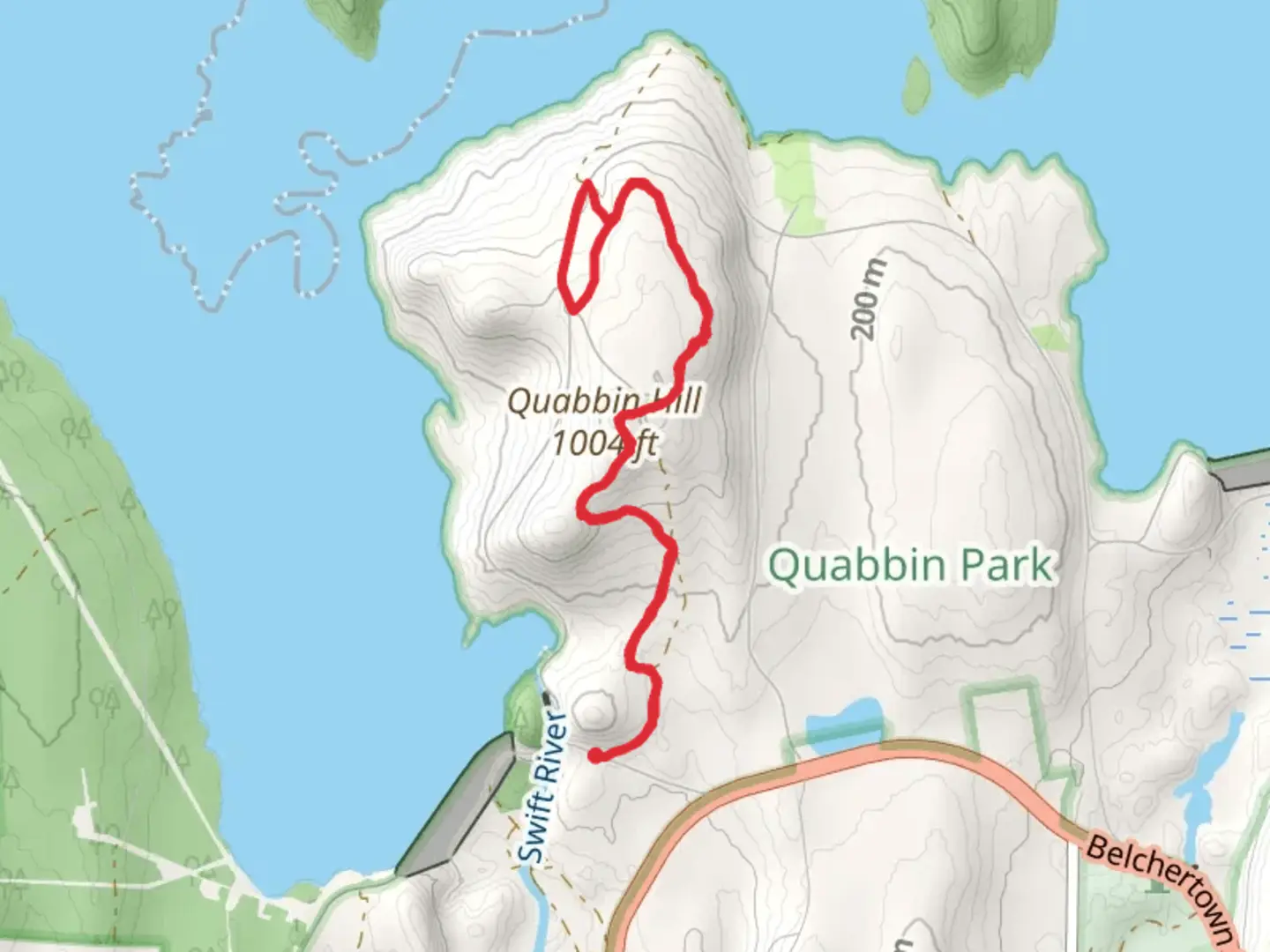 An image depicting the trail Quabbin Hill via Observation Tower Trail and its surrounding area.