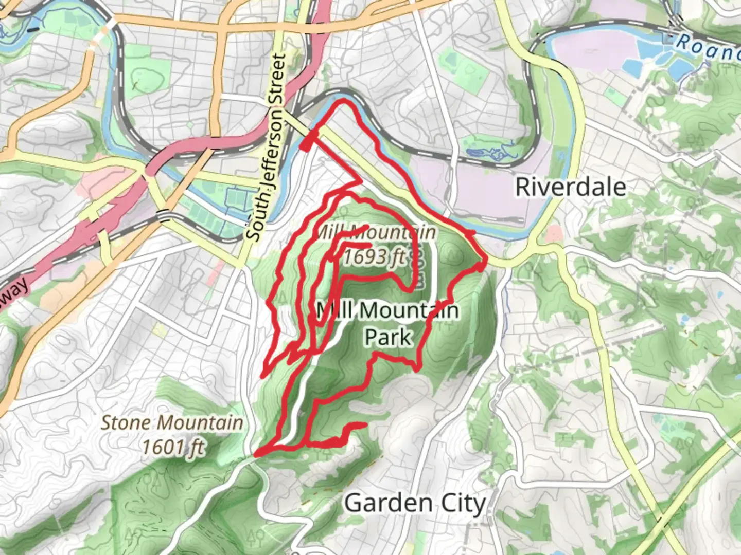 An image depicting the trail Mill Mountain - Big Sunny and Wood Thrush Loop Trail and its surrounding area.