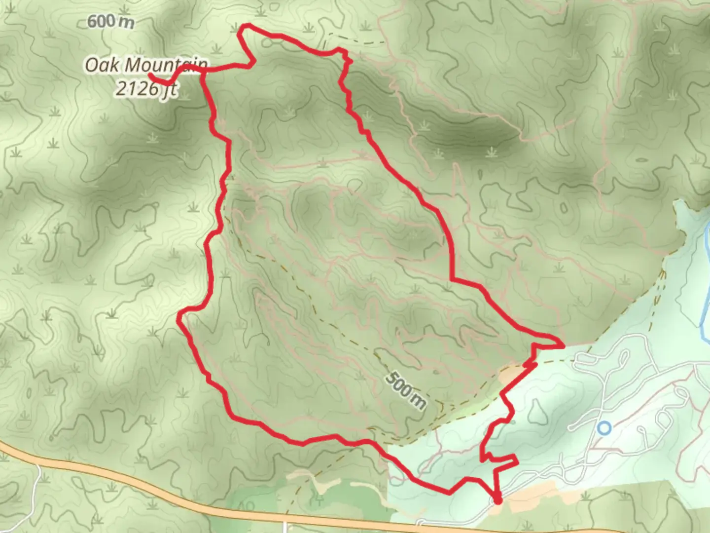 An image depicting the trail Oak Mountain Loop and its surrounding area.