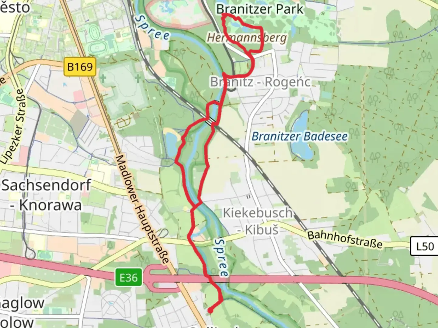 An image depicting the trail Spree and Schlangensee via Wanderweg CB and Cottbuser Wanderring and its surrounding area.