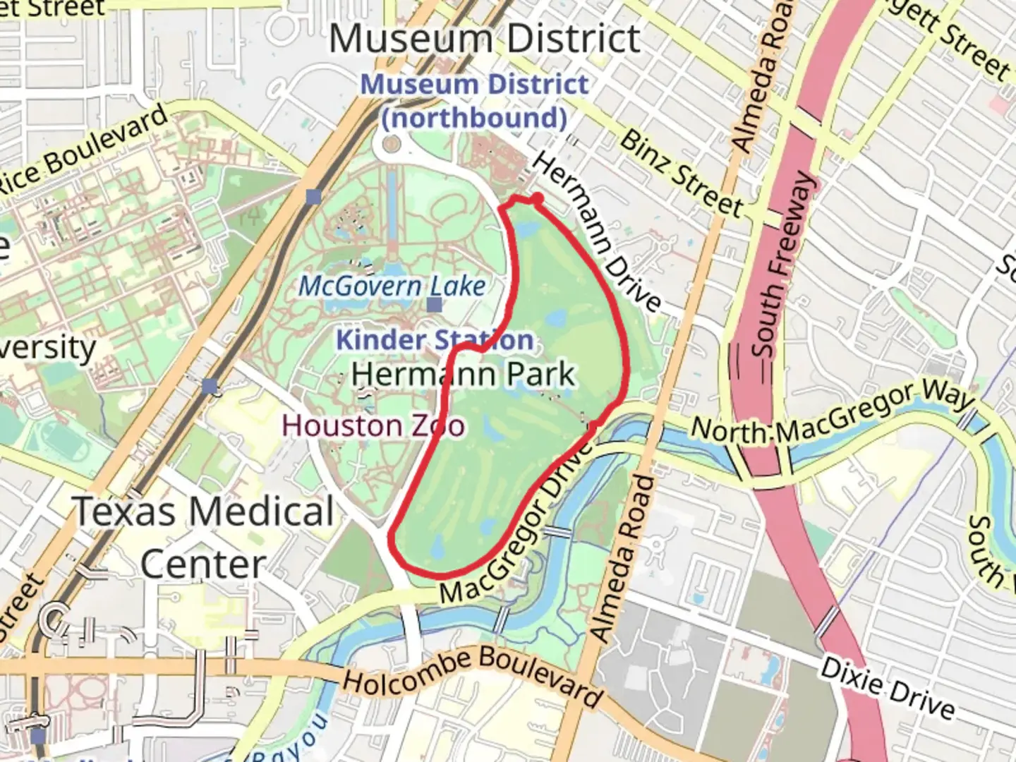 An image depicting the trail Hermann Park Golf Course Loop and its surrounding area.