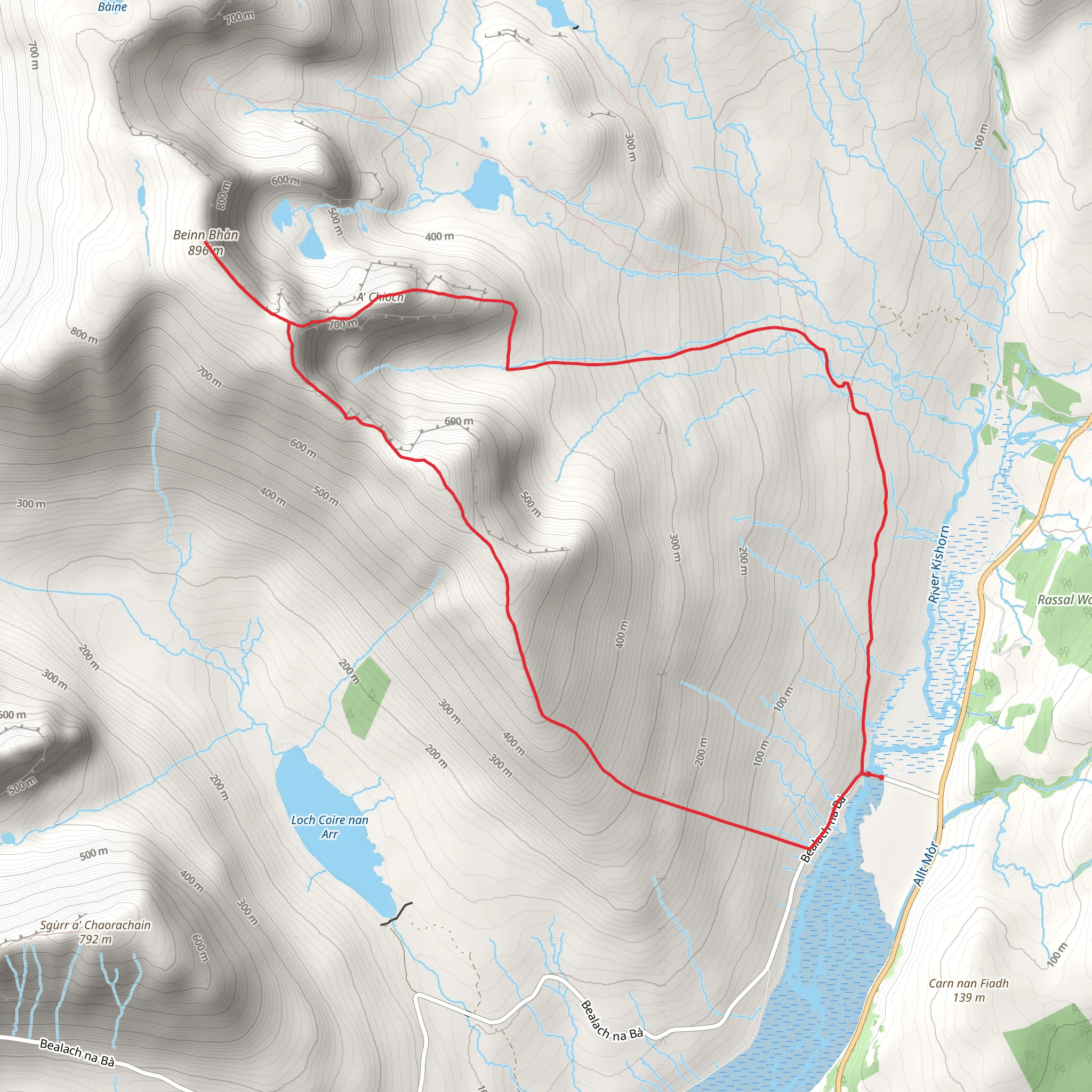 Beinn Bhan via A'Chioch Ridge from Tornapress mobile static map