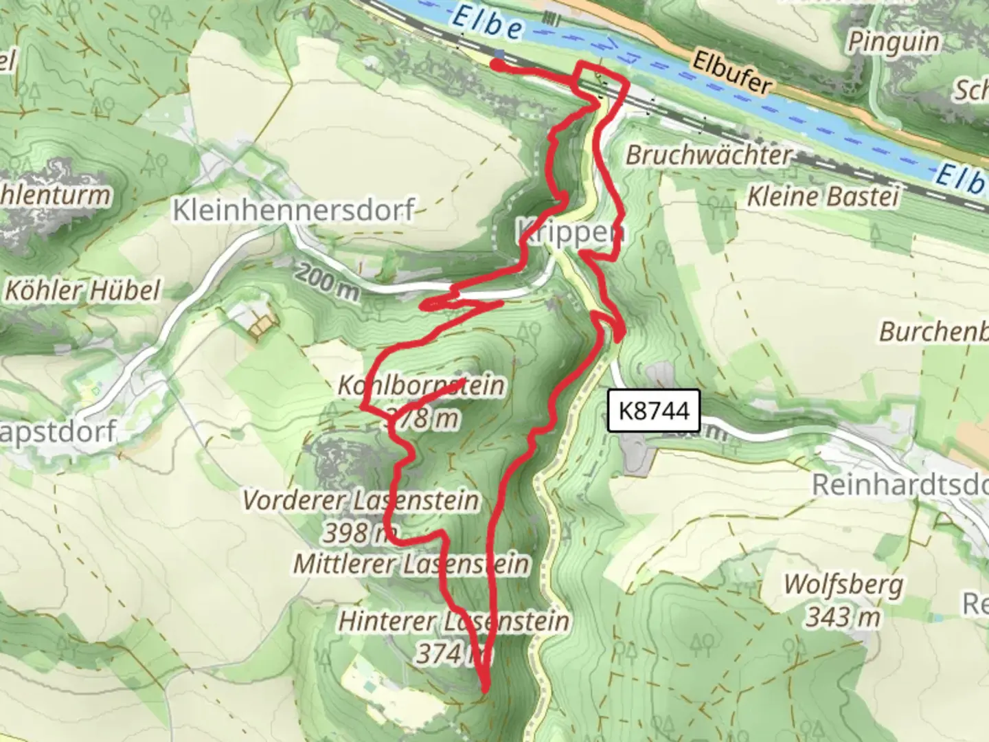 An image depicting the trail Kohlbornstein via Rundweg Gelber Punkt and Malerweg and its surrounding area.