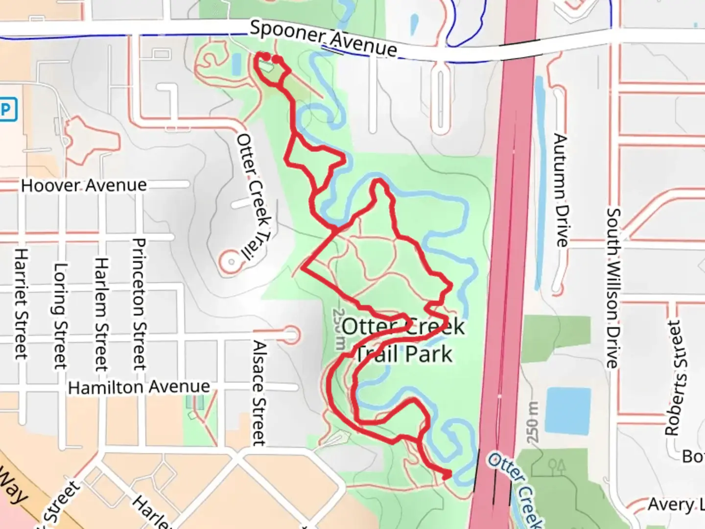 An image depicting the trail CReek's Edge, Feel the Burn and Bypass Loop Trail and its surrounding area.