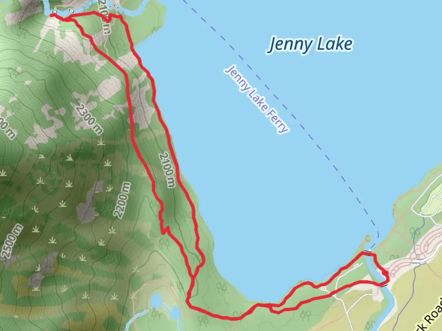 An image depicting the trail Jenny Lake Horse Trail and Jenny Lake Loop Trail and its surrounding area.