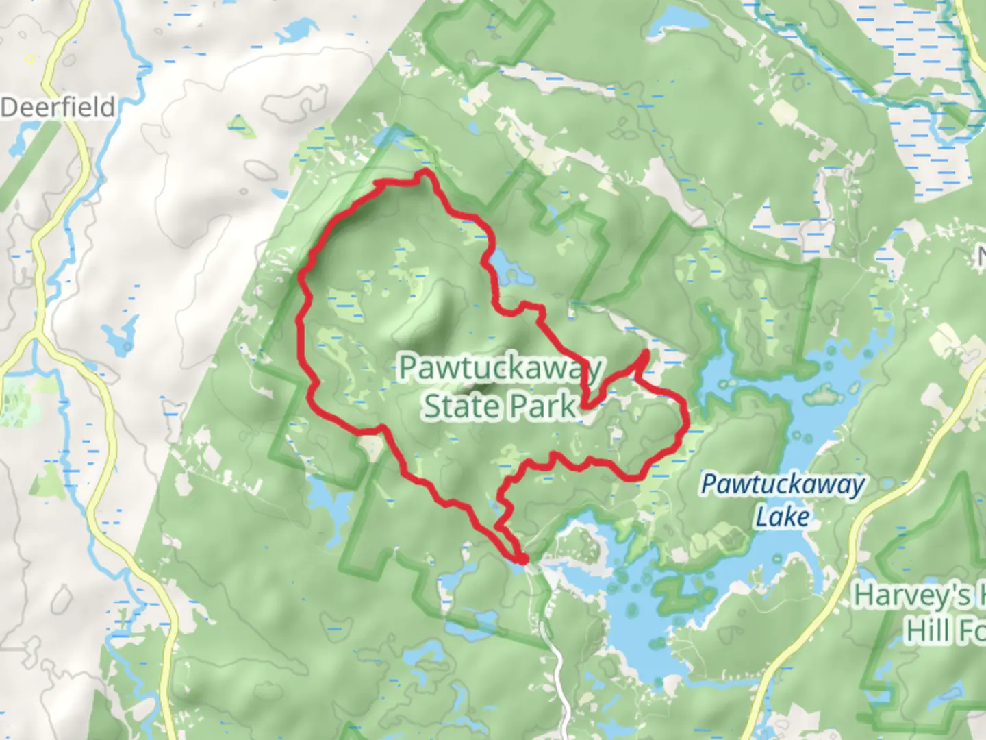 An image depicting the trail North Mount Pawtuckaway and Round Pond Loop via Mountain Trail and its surrounding area.