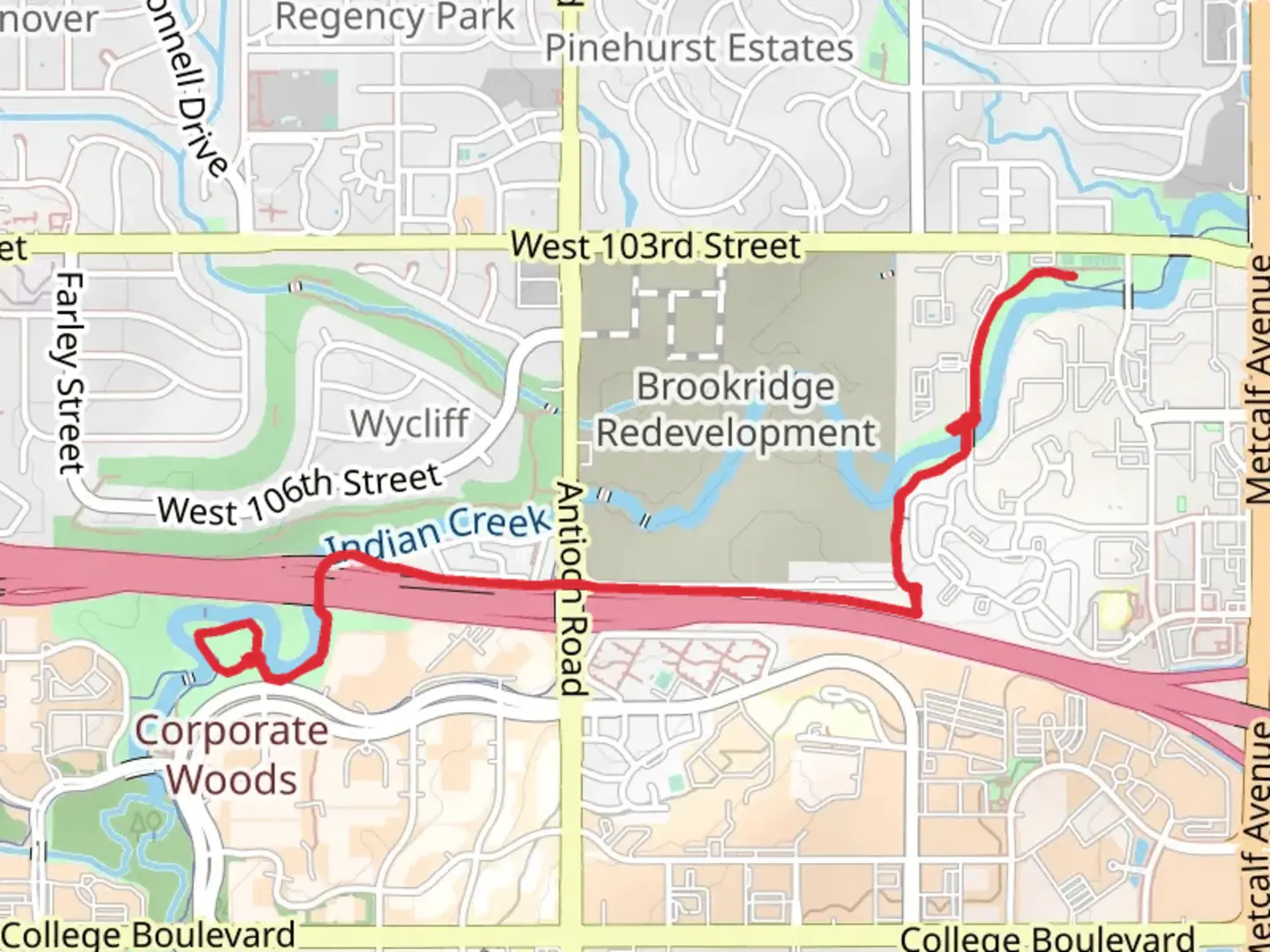 An image depicting the trail Indian Creek Trail from Corporate Woods Founder's Park and its surrounding area.