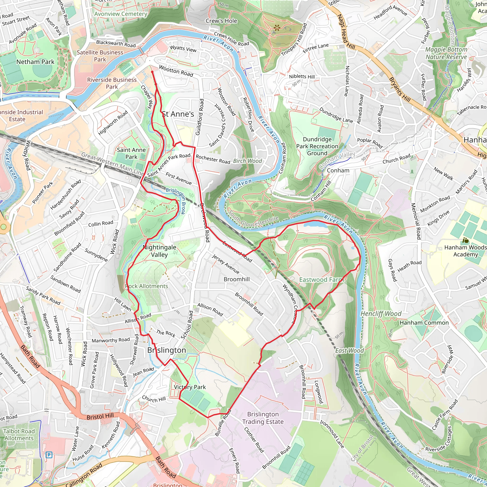 Nightingale Valley, Victory Park and Eastwood Farm Loop mobile static map