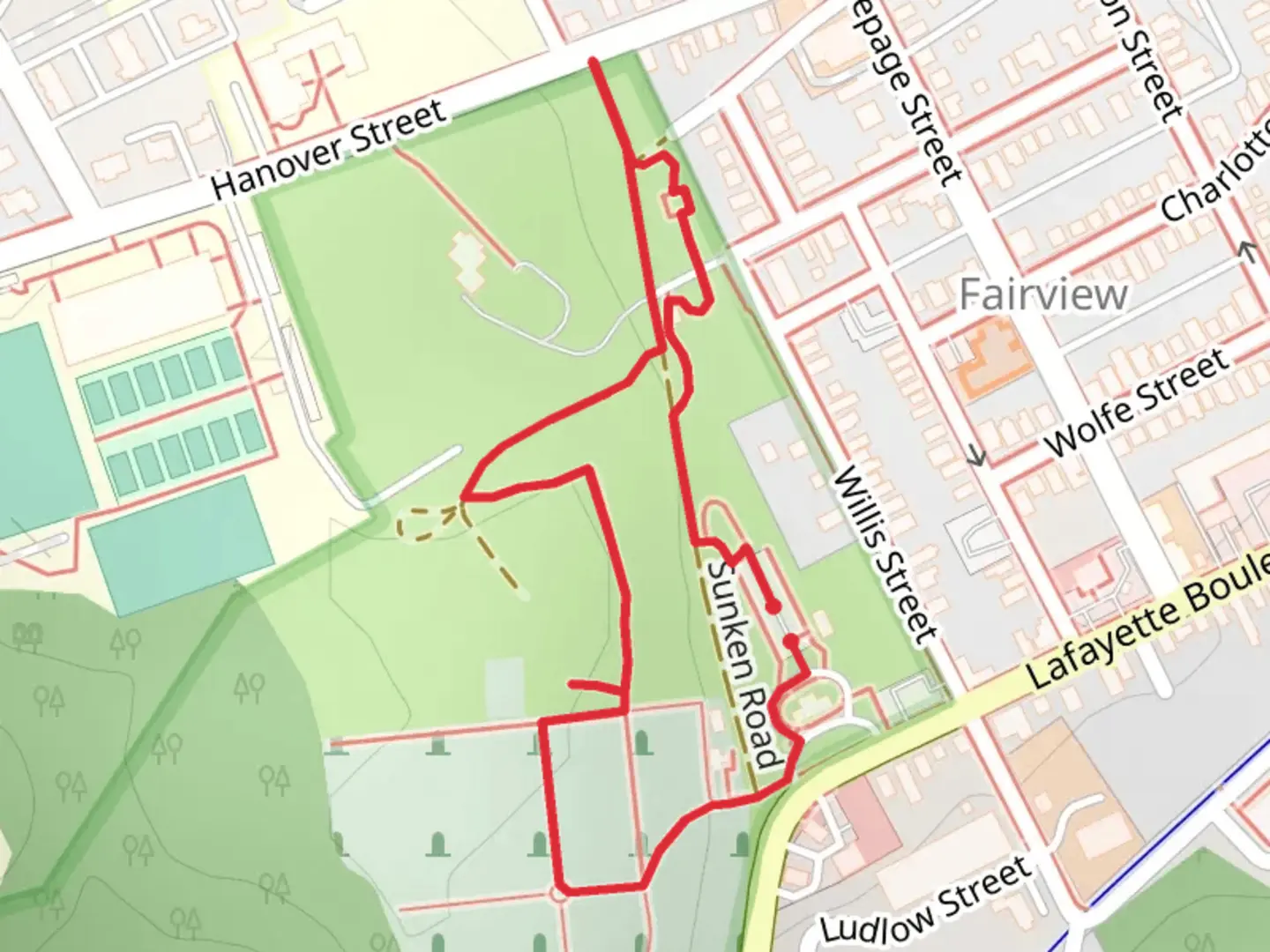 An image depicting the trail Sunken Road Walking Trail and its surrounding area.