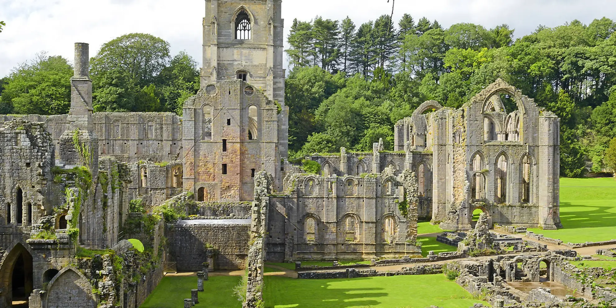 An image depicting the trail Fountains Abbey Ancient Trees Walk and its surrounding area.