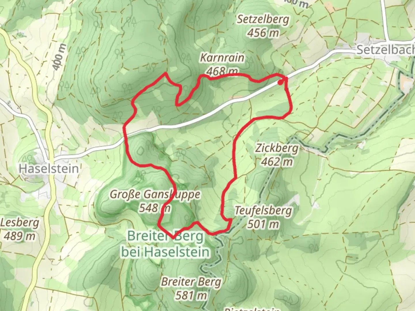 An image depicting the trail Setzelbach Loop and its surrounding area.