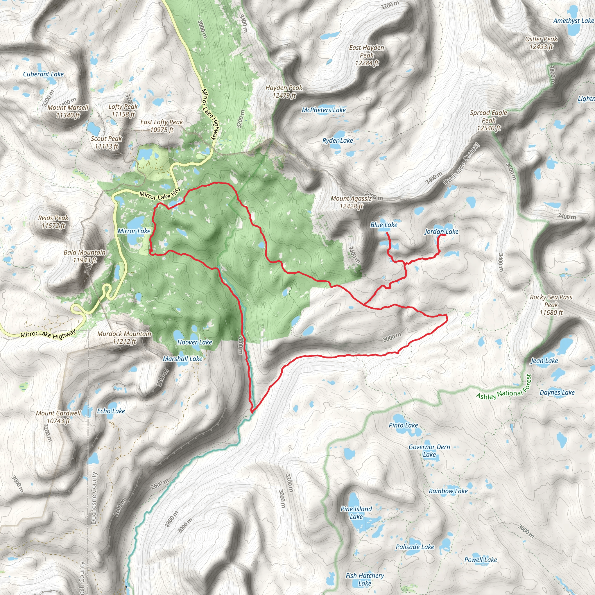 Duchesne River, Jordan Lake, Blue Lake and Mirror Lake Loop Trail mobile static map