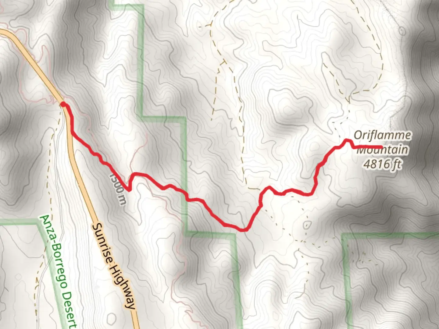 An image depicting the trail Oriflamme Mountain from Sunrise Highway and its surrounding area.