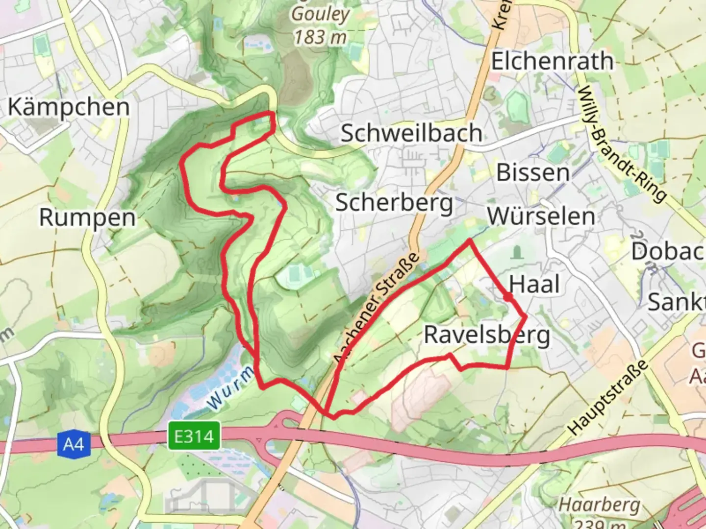An image depicting the trail Am Wisselsbach, Ravelsberg and Scherberg Loop and its surrounding area.