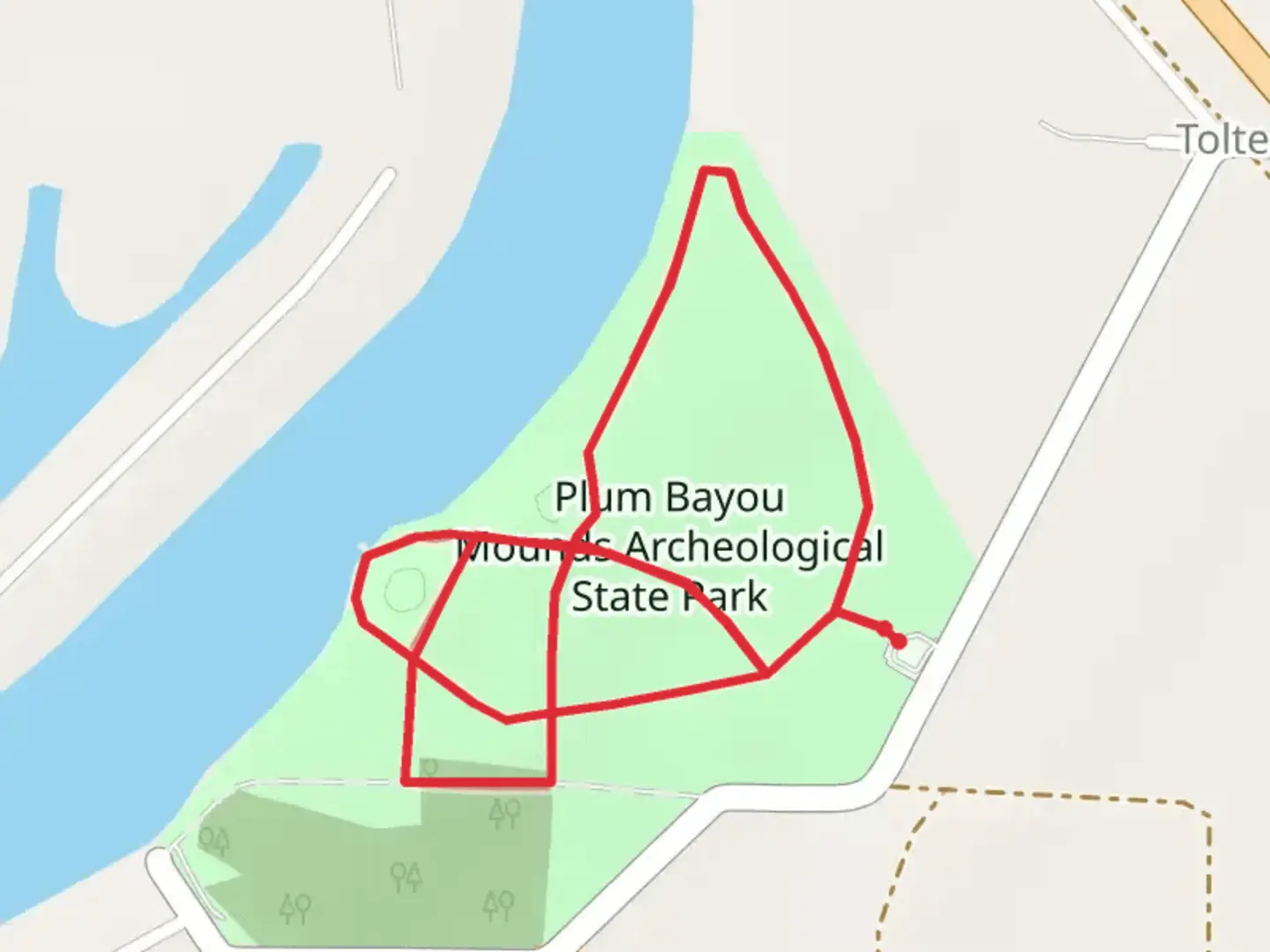 An image depicting the trail Toltec Mounds Site Loop and its surrounding area.