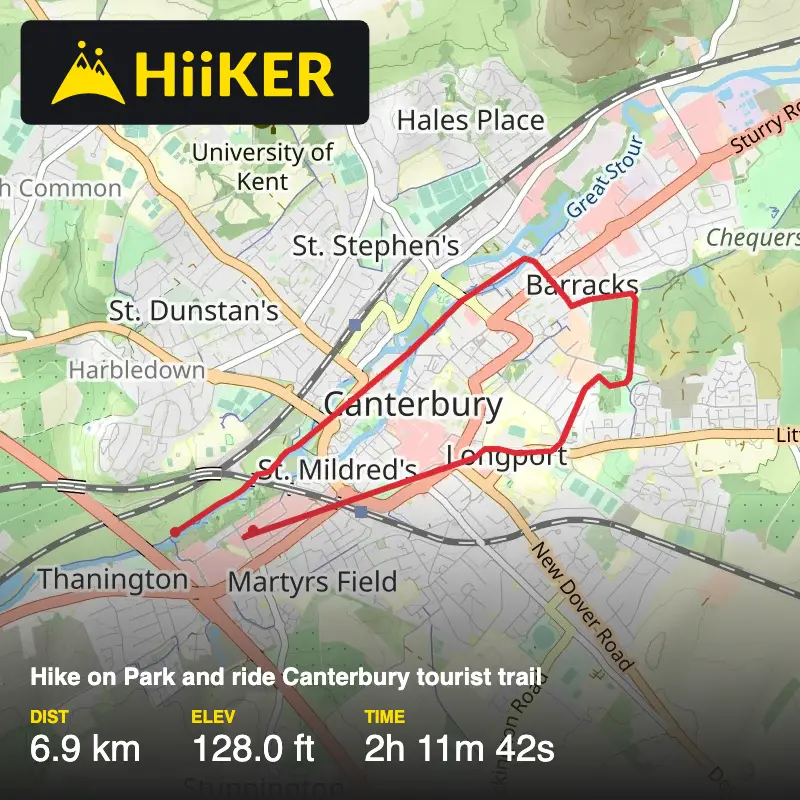A map preview of the recording Hike on Park and ride Canterbury tourist trail.