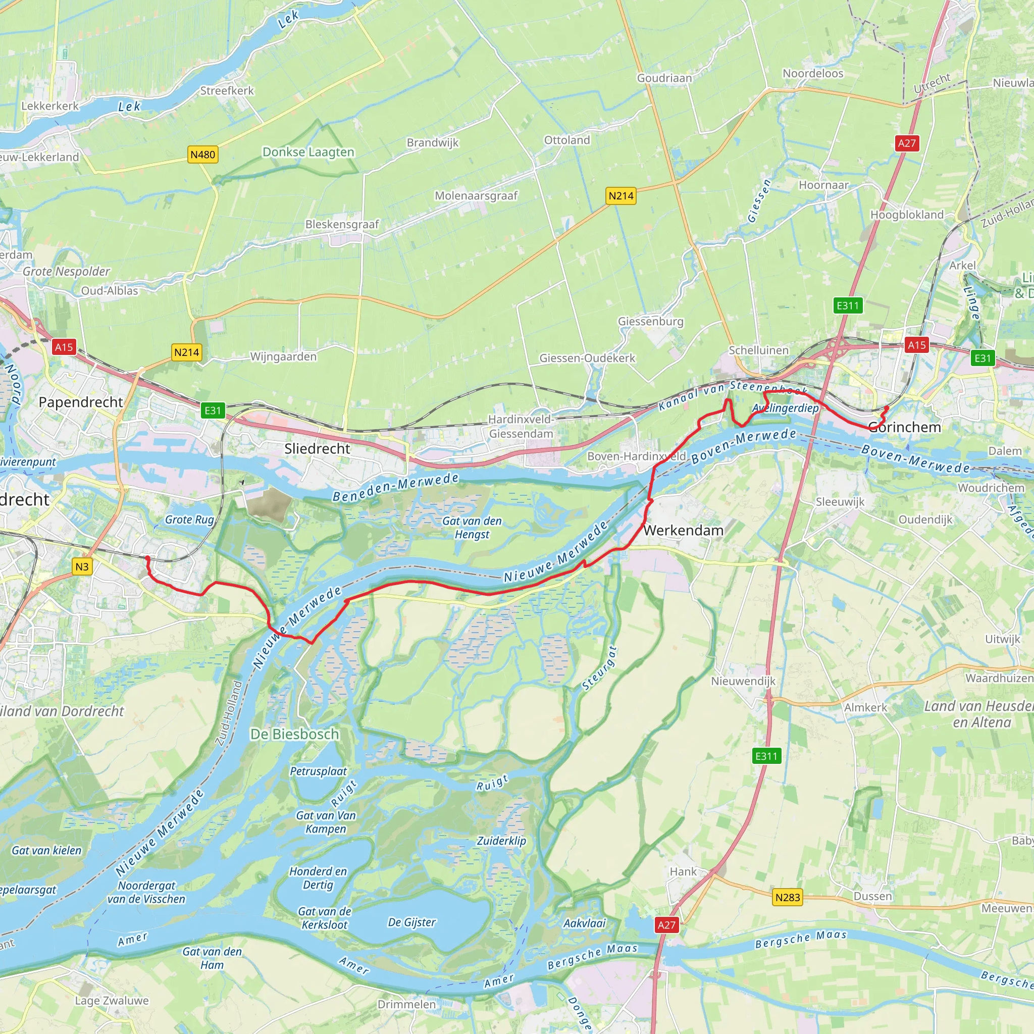 Dordrecht Stadspolders to Gorinchem via Merwede mobile static map