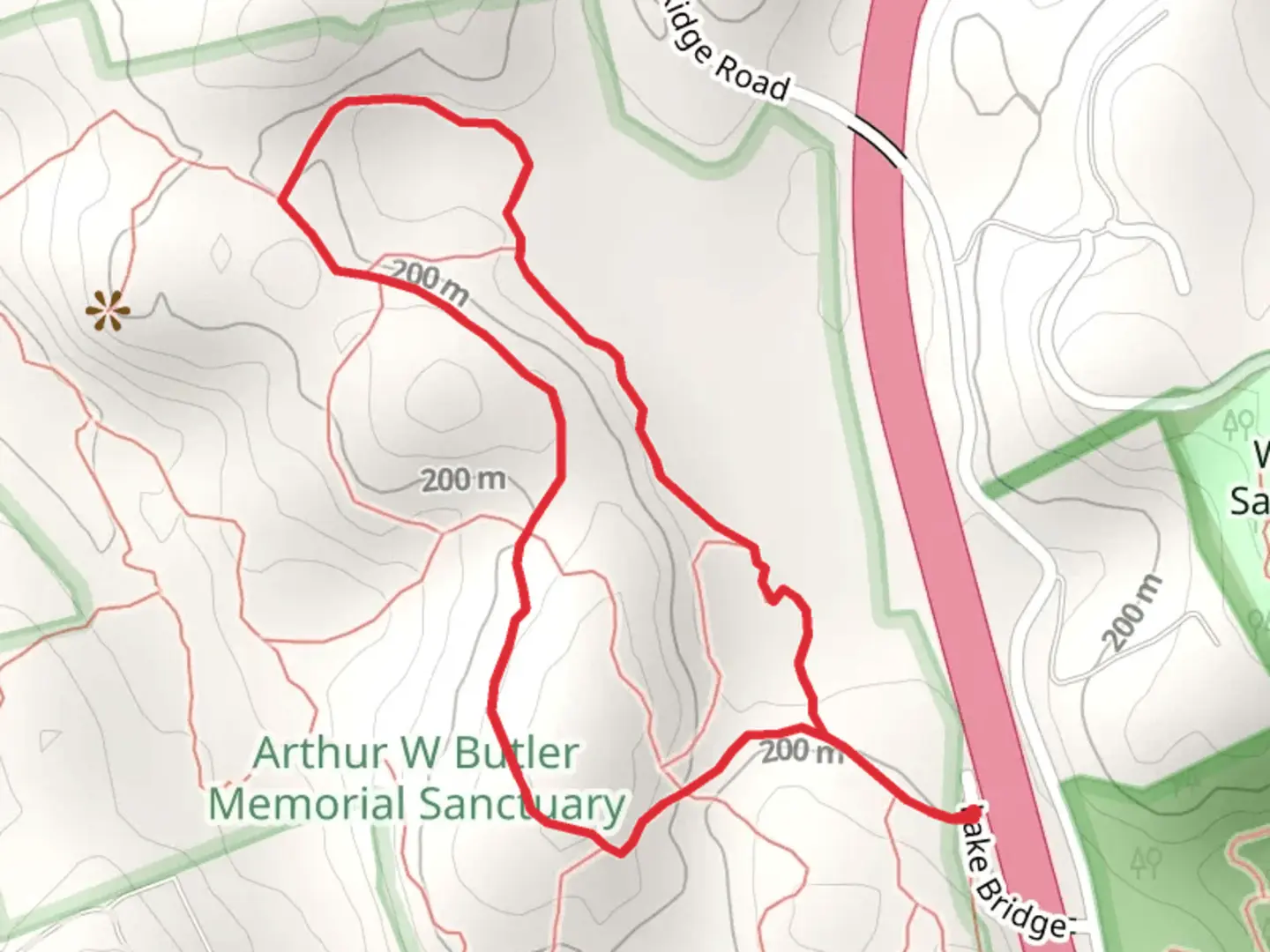 An image depicting the trail Butler Sanctuary Loop from Lake Bridge and its surrounding area.
