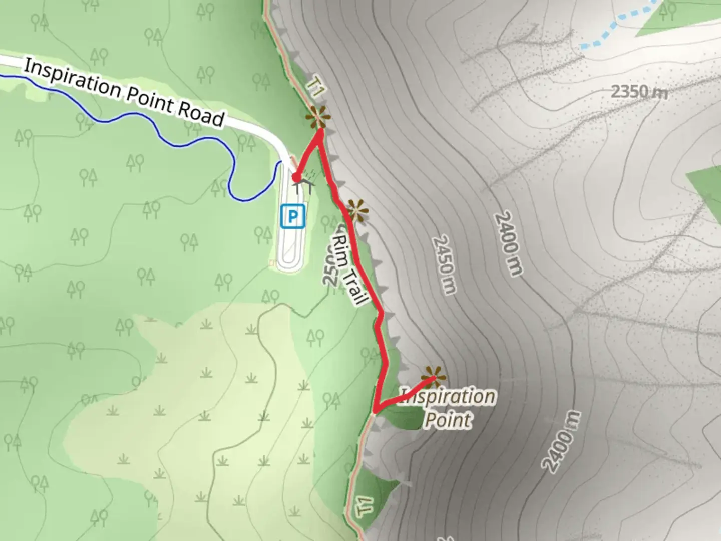 An image depicting the trail Inspiration Point via Rim Trail and its surrounding area.
