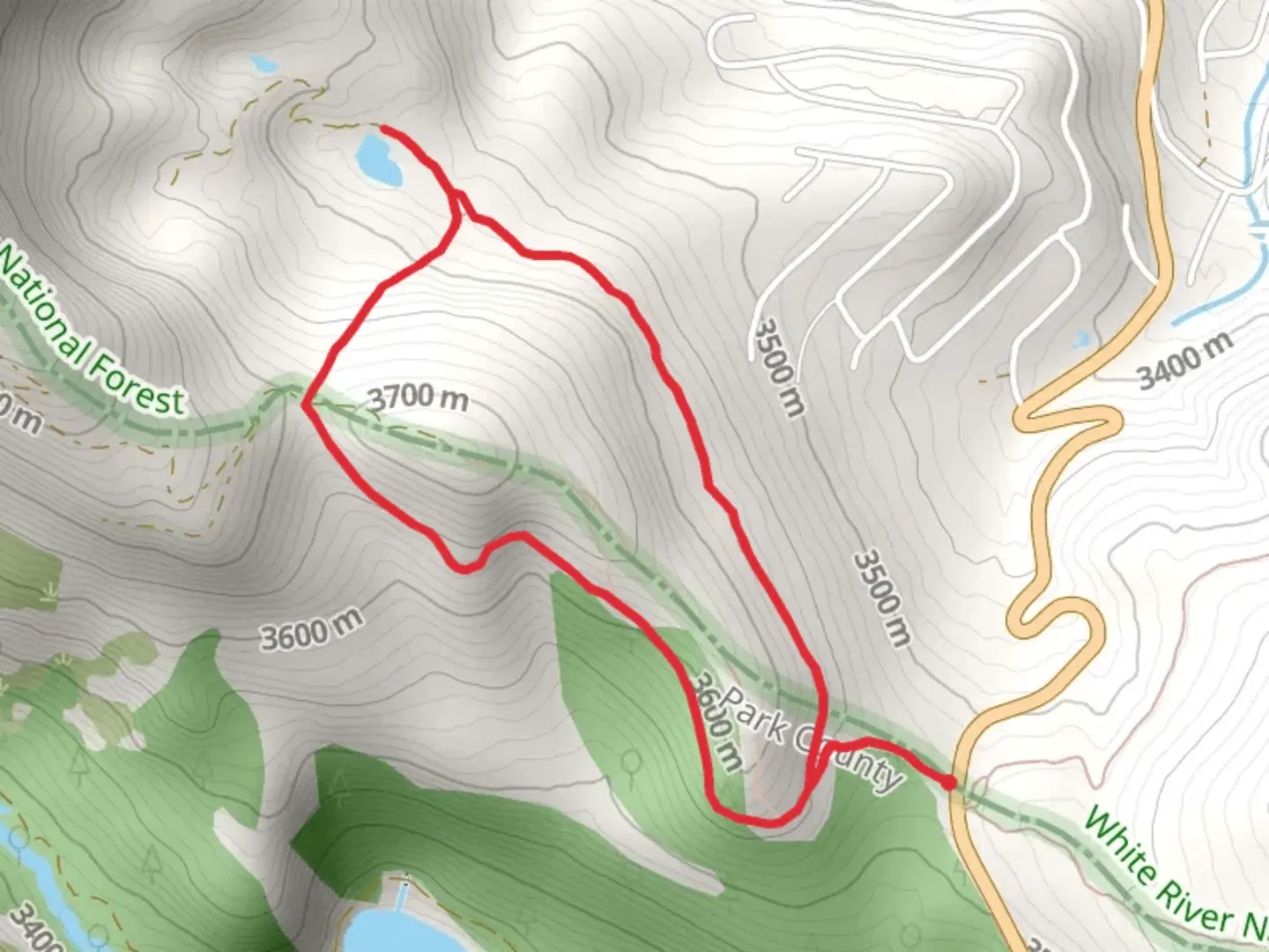 An image depicting the trail Crystal Lake Loop from Country Road 2 and its surrounding area.