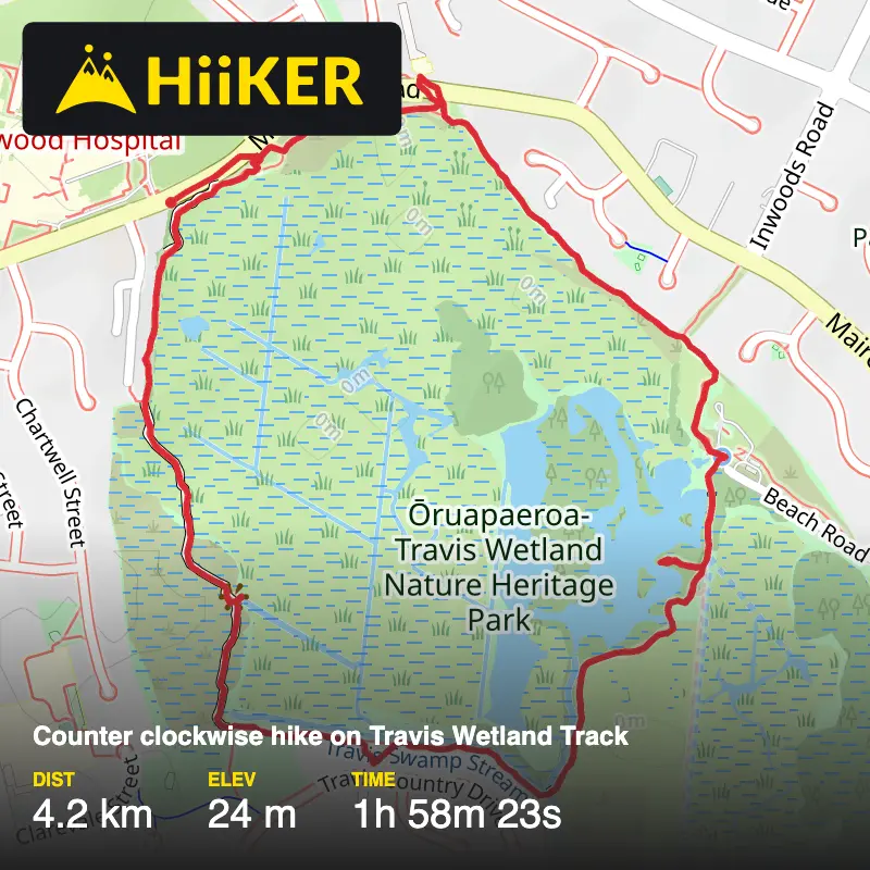 A map preview of the recording Counter clockwise hike on Travis Wetland Track.