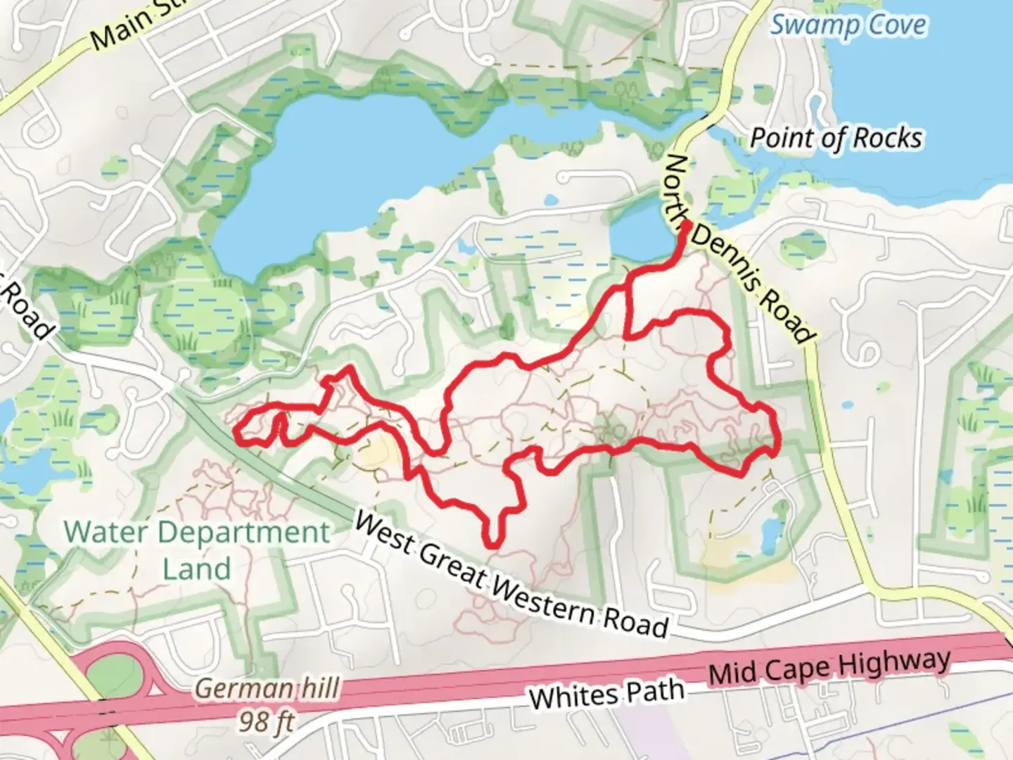 An image depicting the trail Black Racer and Camelot Loop and its surrounding area.