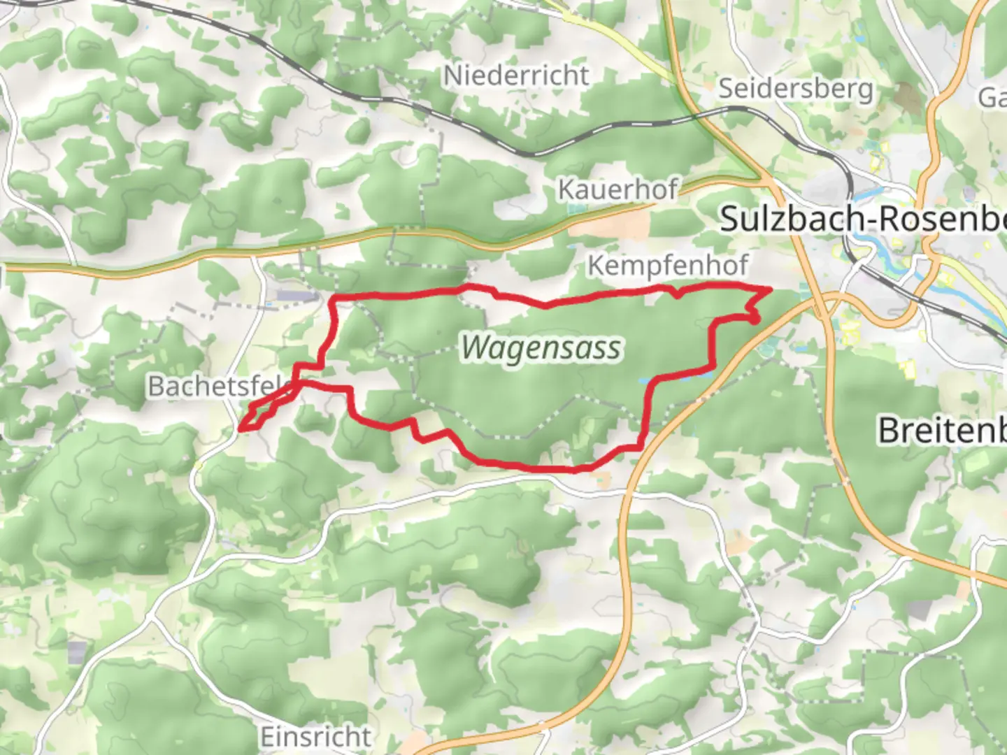 An image depicting the trail Walderlebnispfad Wagensass and Gelbkreuz Loop and its surrounding area.