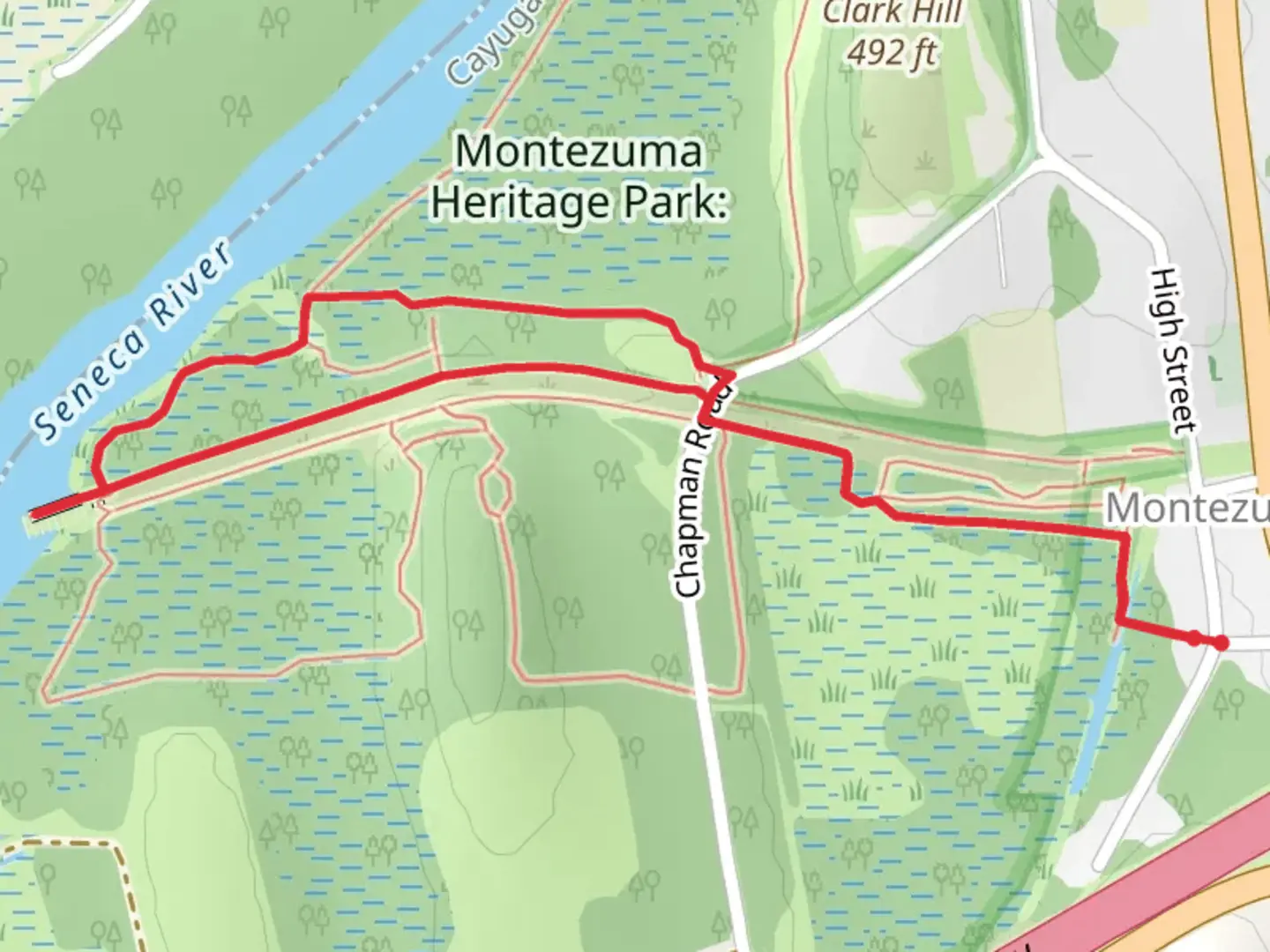 An image depicting the trail Seneca River Loop from High Street and its surrounding area.