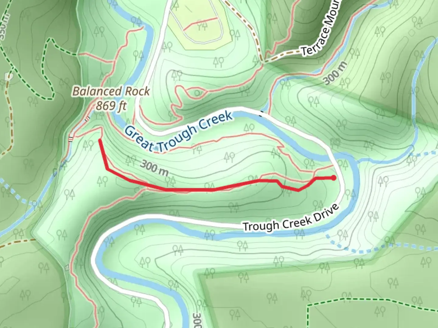 An image depicting the trail Balanced Rock from Trough Creek Drive and its surrounding area.
