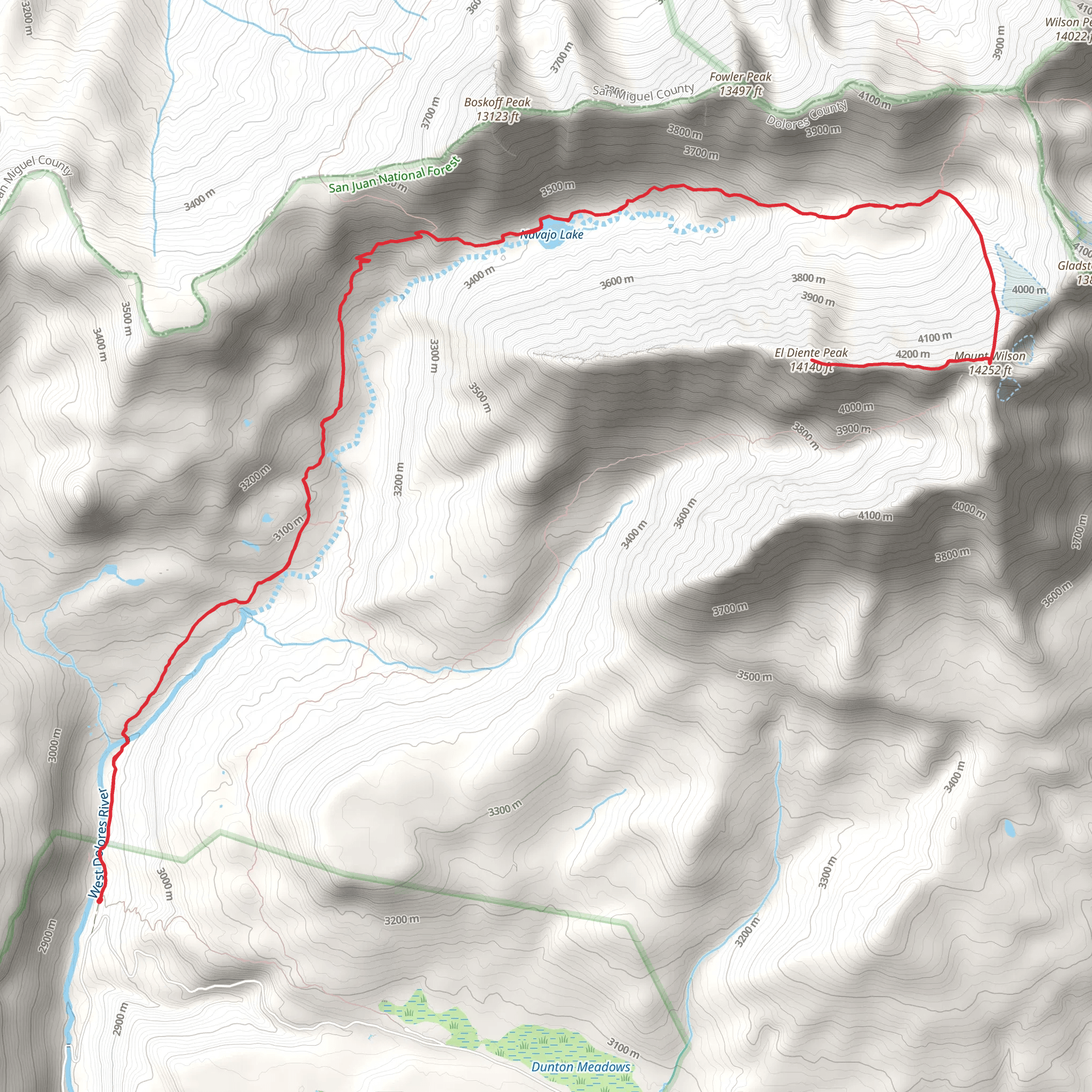 Mount Wilson and El Diente Peak via Navajo Lake mobile static map