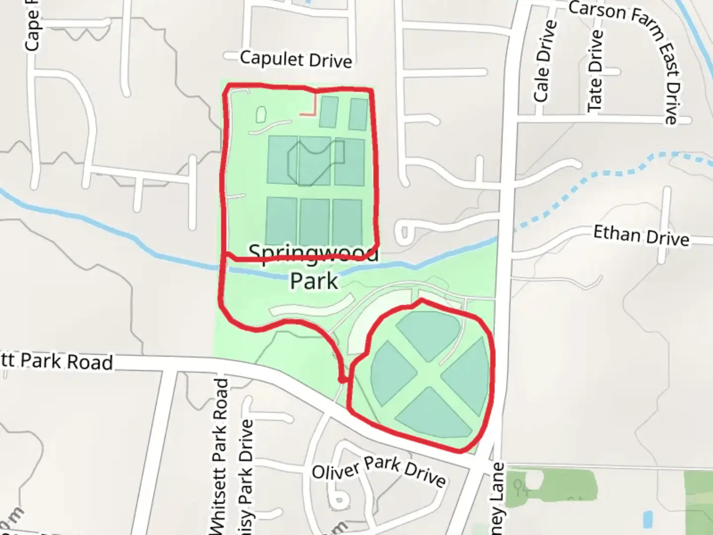 An image depicting the trail Springwood Park Loop and its surrounding area.