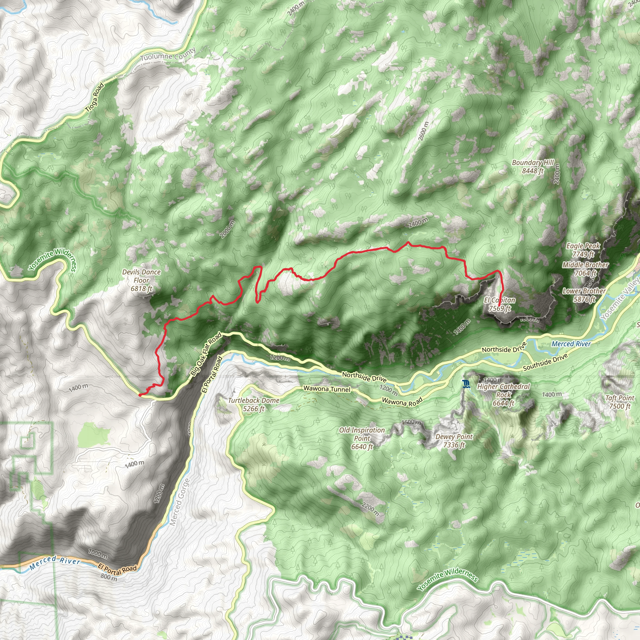 El Capitan via Old Big Oak Flat Road Trail mobile static map