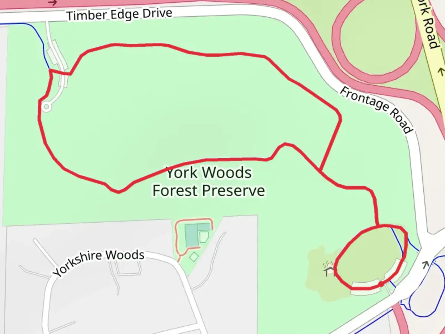 An image depicting the trail York Woods Forest Preserve Loop and its surrounding area.
