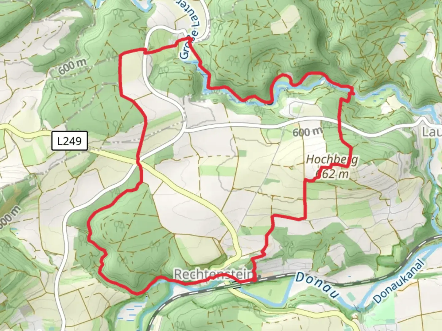 An image depicting the trail Rechtenstein, Laufenmuhle and Hochberg Loop and its surrounding area.