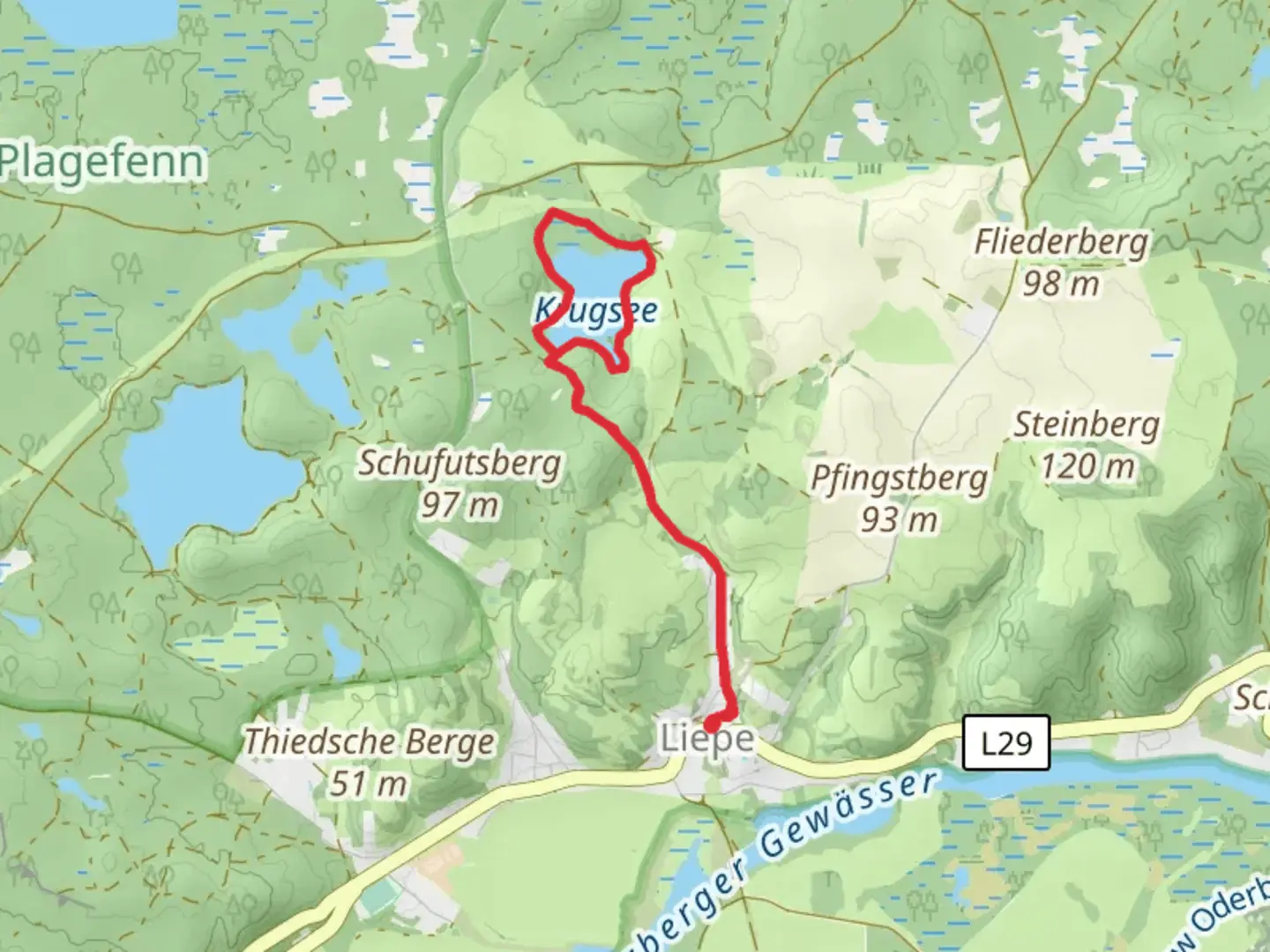 An image depicting the trail Krugsee Loop from Liepe and its surrounding area.