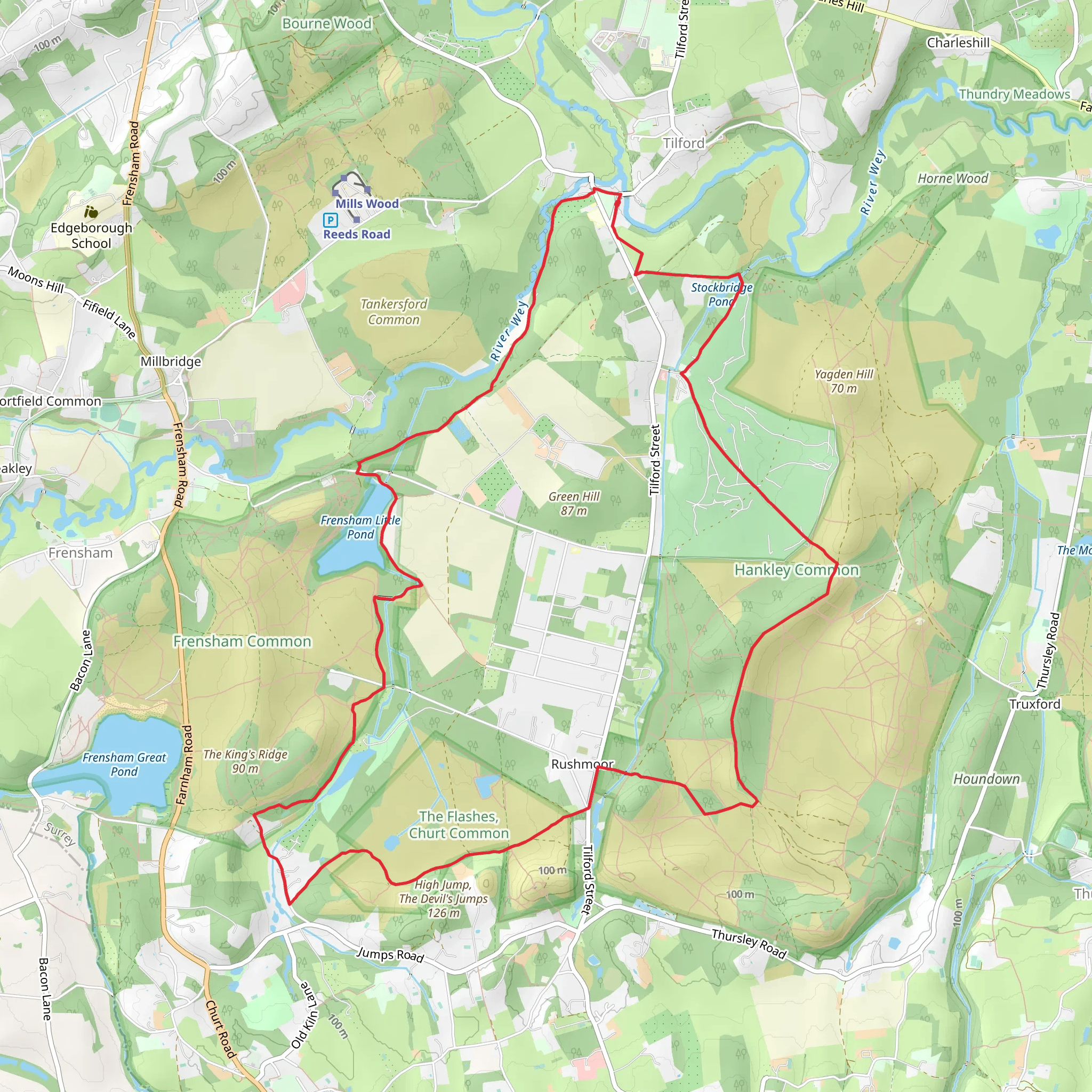 Tilford to Rushmoor Loop via Hankley Common mobile static map