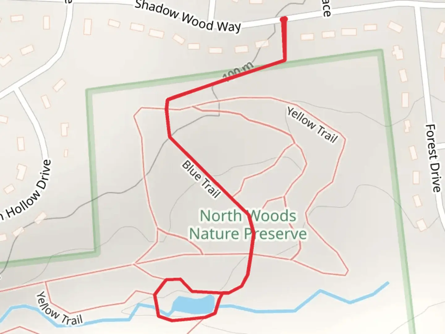 An image depicting the trail Blue Trail from Shadow Wood Way and its surrounding area.