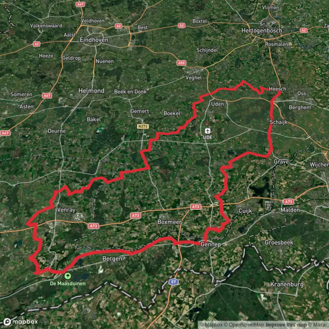 An image depicting the trail Rijksweg, Graafseweg, Veerweg, Hoofdstraat and Tetefoonstraat Loop and its surrounding area.