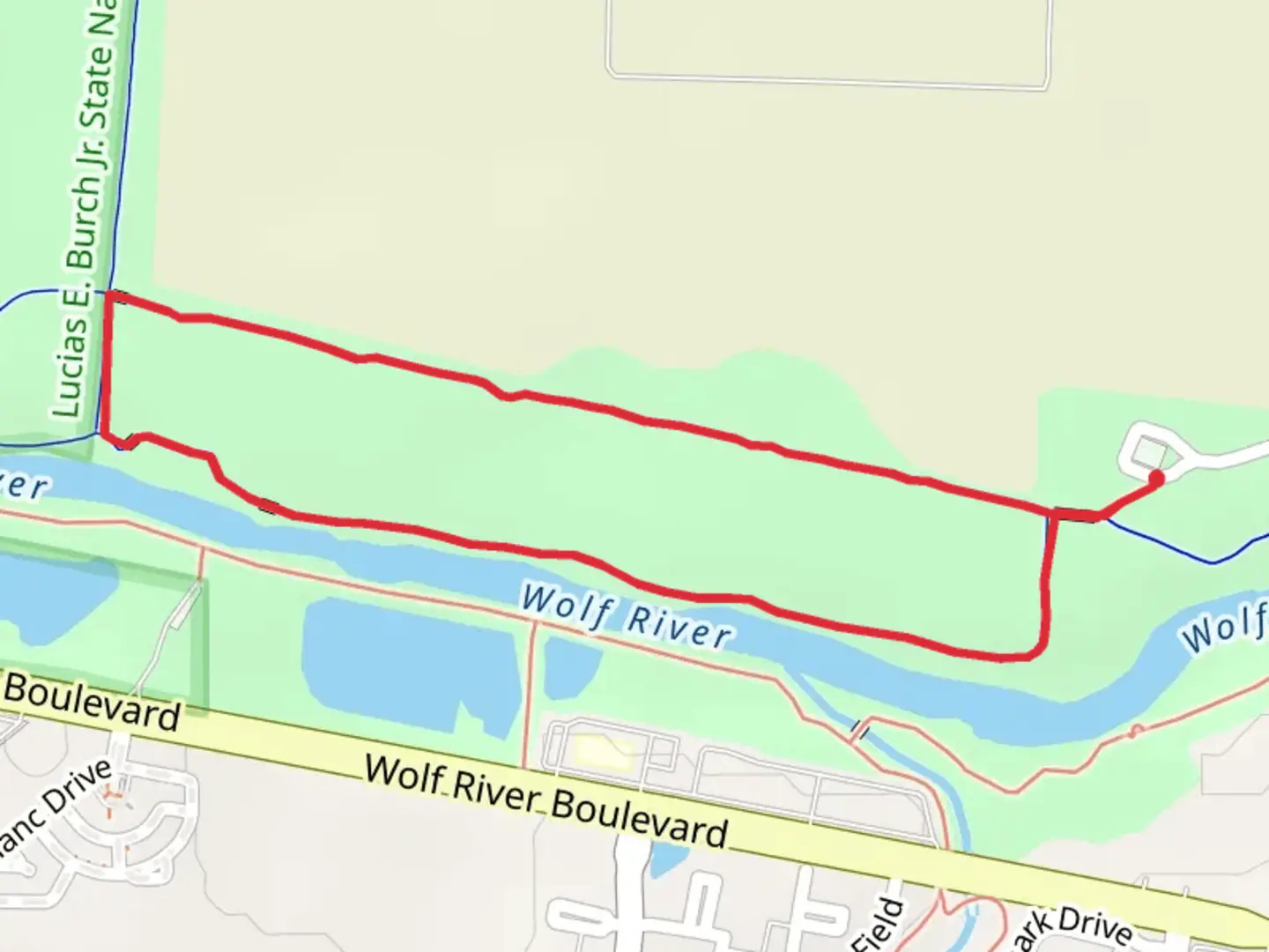 An image depicting the trail Wolf River Trail Blue Loop and its surrounding area.