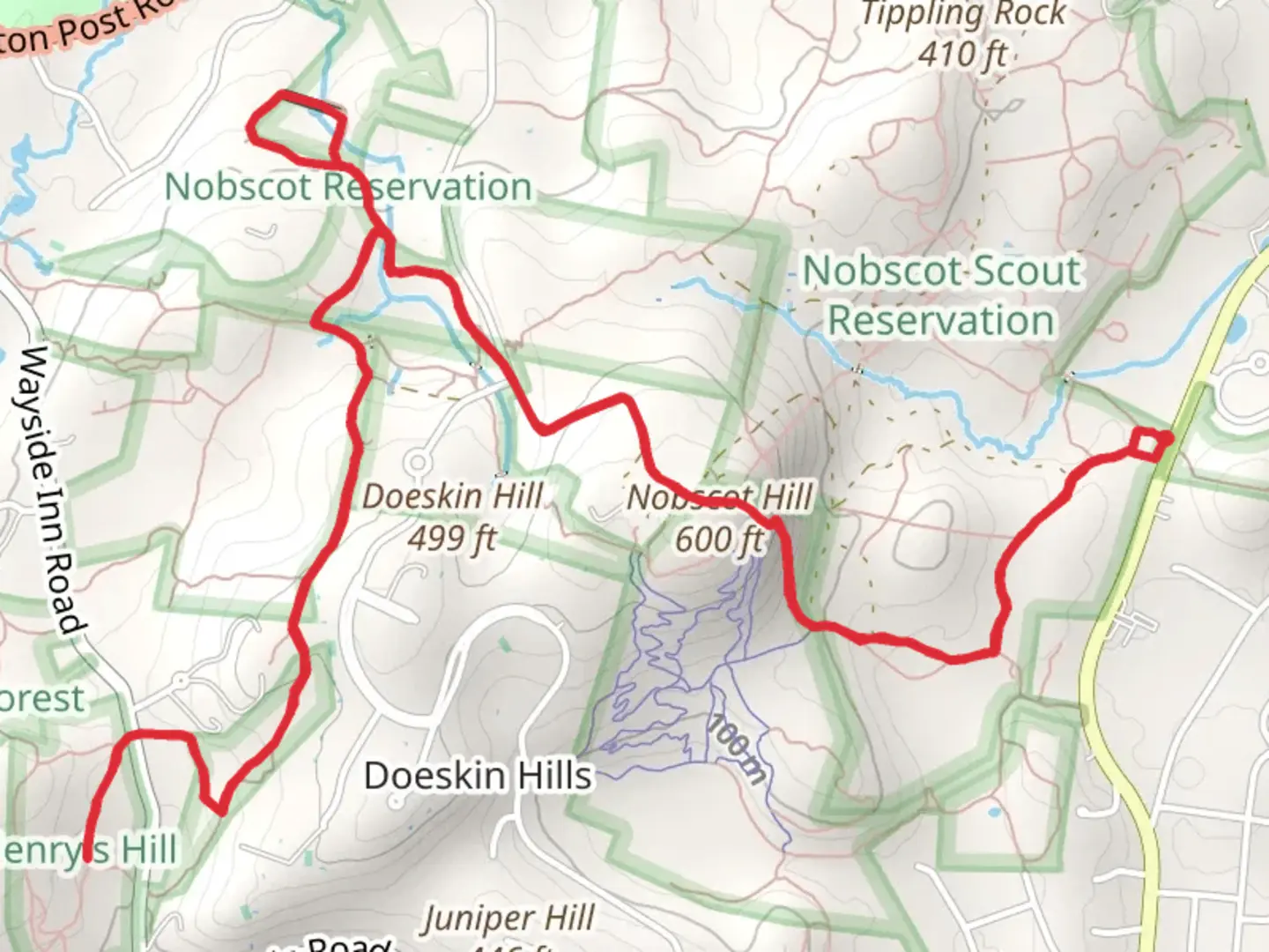 An image depicting the trail Nobscot Hill and Cavicchio Brook via Bay Circuit and Ford's Folly Trail and its surrounding area.