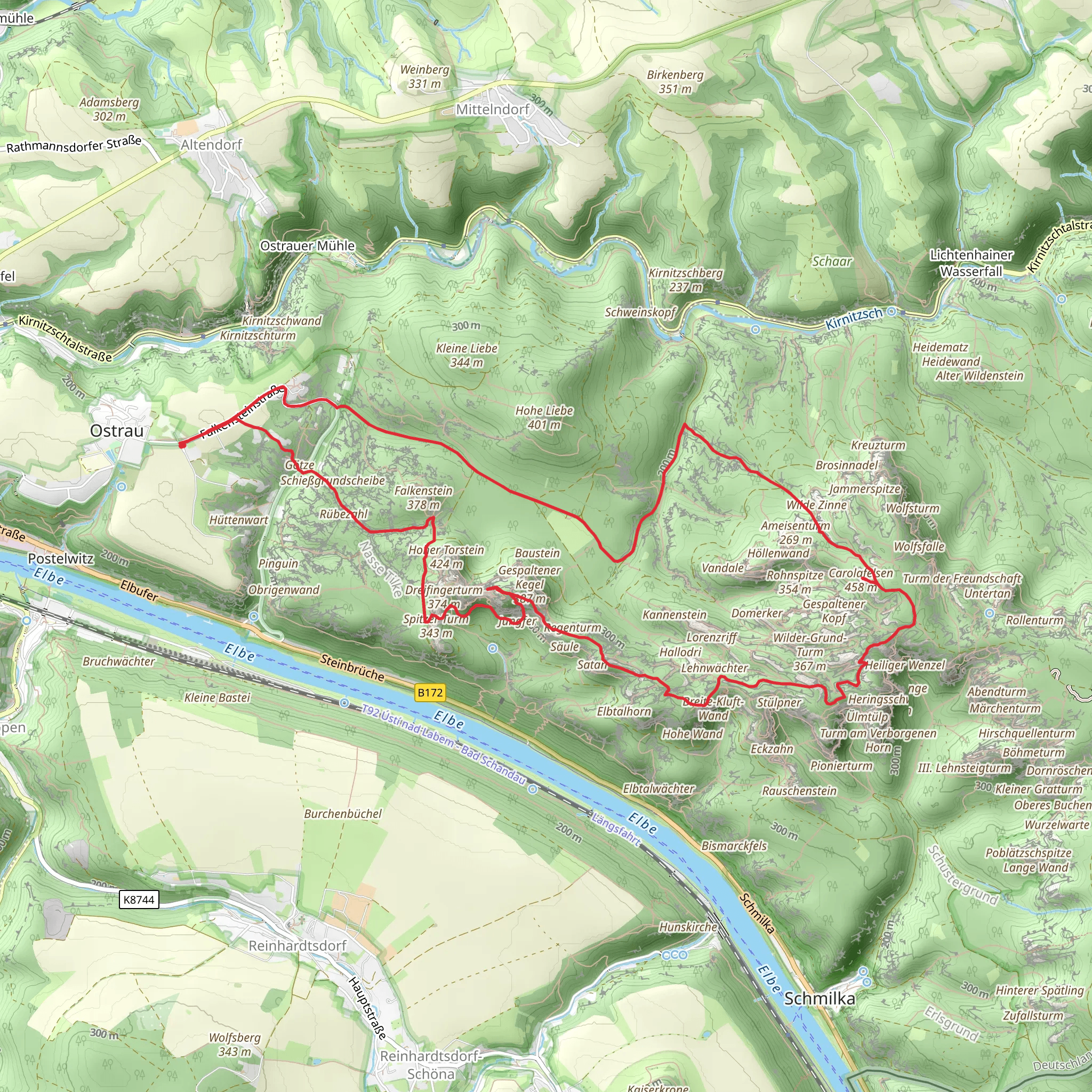 Carolafelsen and Schrammsteinaussicht via Gratweg and Wilde Hoette mobile static map