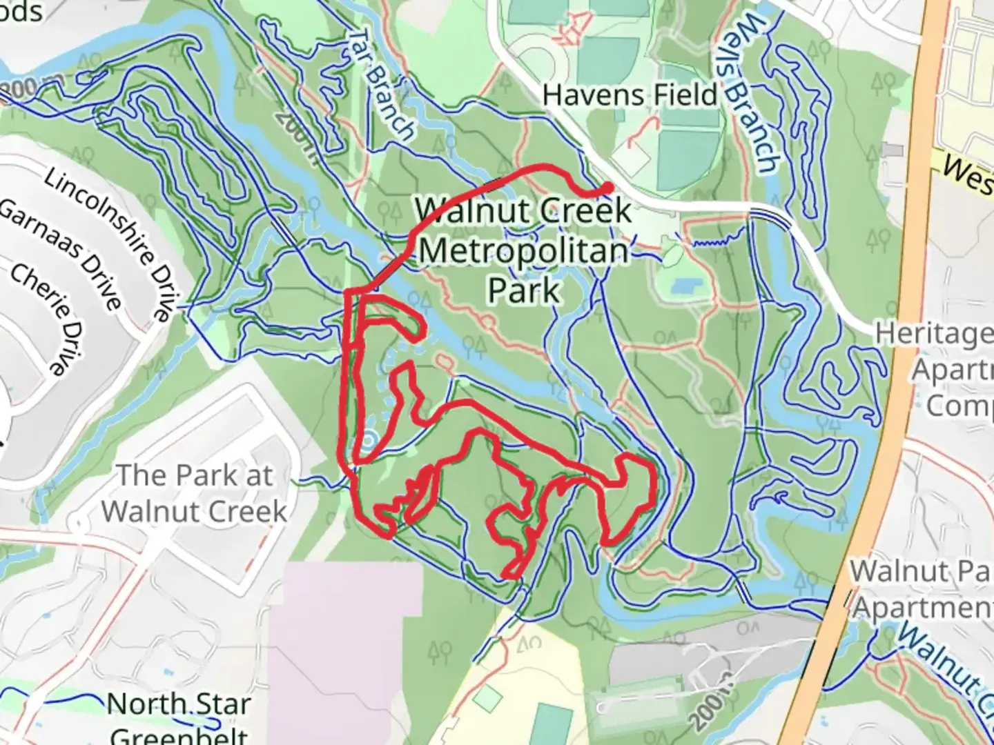 An image depicting the trail Tangle of Trails Loop via Northern Walnut Creek Trail and its surrounding area.