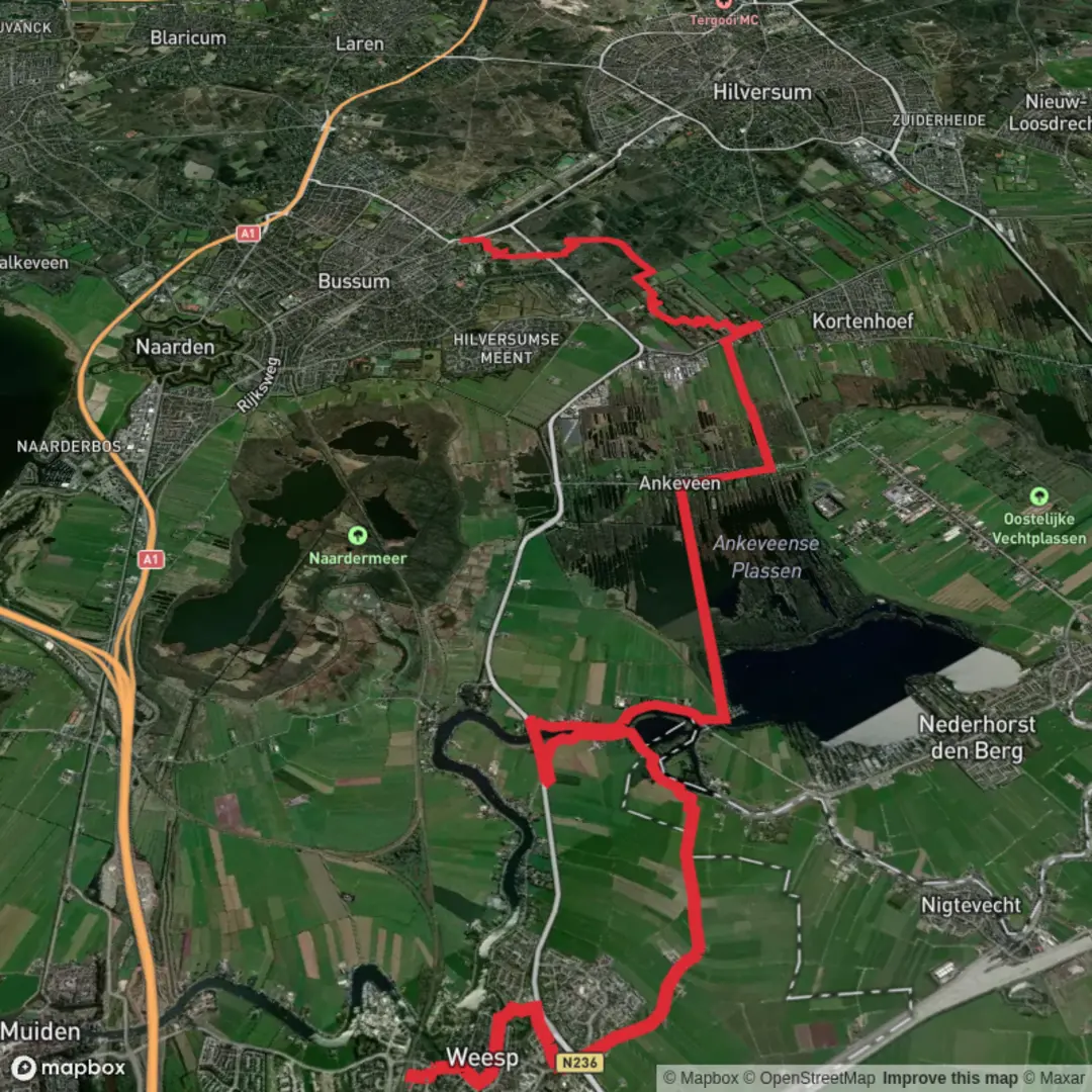 An image depicting the trail Weesp to Bussum Zuid via Trekvogelpad and its surrounding area.