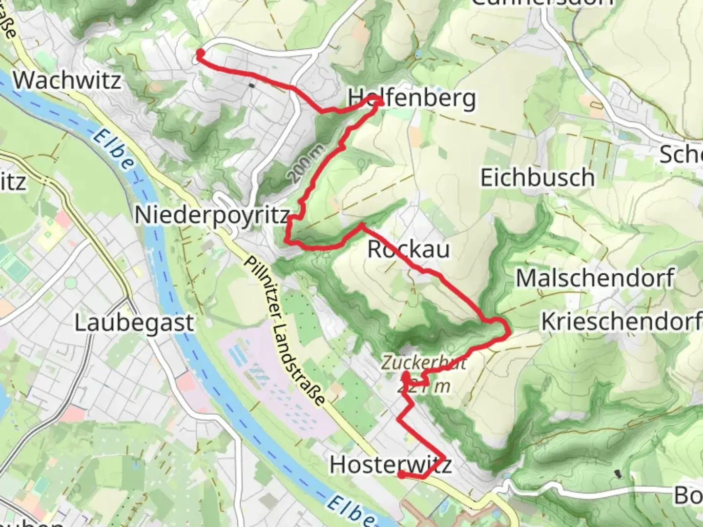 An image depicting the trail Hosterwitz to Wachwitz via Gelber Strich and its surrounding area.